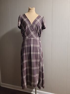 GAP - Grey Plaid Wrap Dress Flutter Sleeves Women's Small Tall